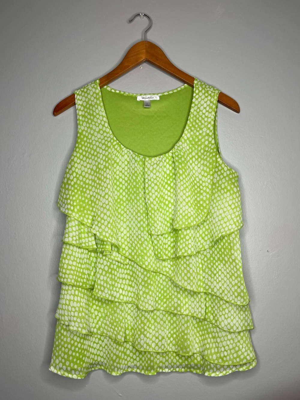 Dressbarn Lime Green White Polka Dot Ruffle Tank Top Blouse